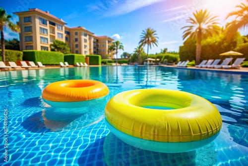 A pool with a green and yellow inflatable ring floating on the water
