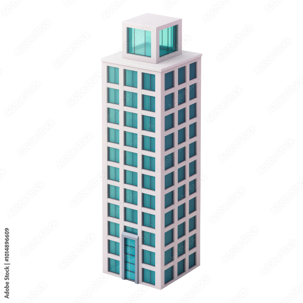 3D modern tower with glass rooftop and a sleek rectangular structure, featuring large blue-tinted windows. Ideal for business-oriented architectural designs. Isolated on transparent background, png. 3D modern tower with glass rooftop and a sleek rectangular structure, featuring large blue-tinted windows. Ideal for business-oriented architectural designs. Isolated on transparent background, png.
