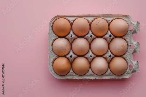 Organic eggs in a carton tray are showcased on a pastel pink background highlighting the zero waste concept The flat lay style creates a visually appealing copy space image photo