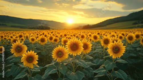 Fototapeta Naklejka Na Ścianę i Meble -  Scenic view of a sunset over a field of sunflowers, viewed from a distance, highlighting the vibrant colors 