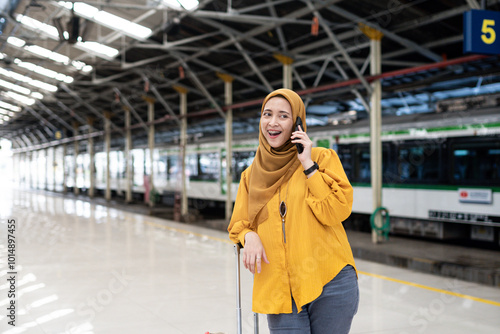 Cheerful Woman Talking on Phone at Train Station. A confident woman in a yellow hijab smiles while talking on her phone at the train station, exuding joy and excitement for travel.