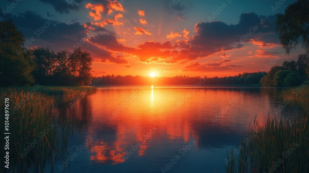 Scenic view of a sunset over a lake, captured from a distance, highlighting the colors and beauty of the landscape Scenic view of a sunset over a lake, captured from a distance, highlighting the colors and beauty of the landscape