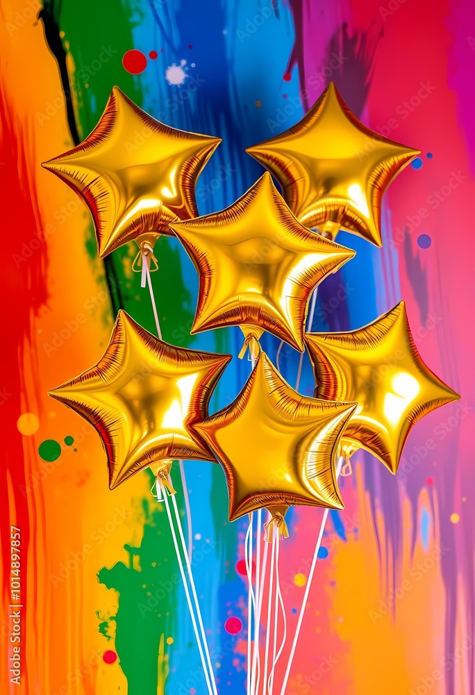 Obraz premium Gold Star Balloons with Reflective Surfaces in Front of Multicolored Abstract Background