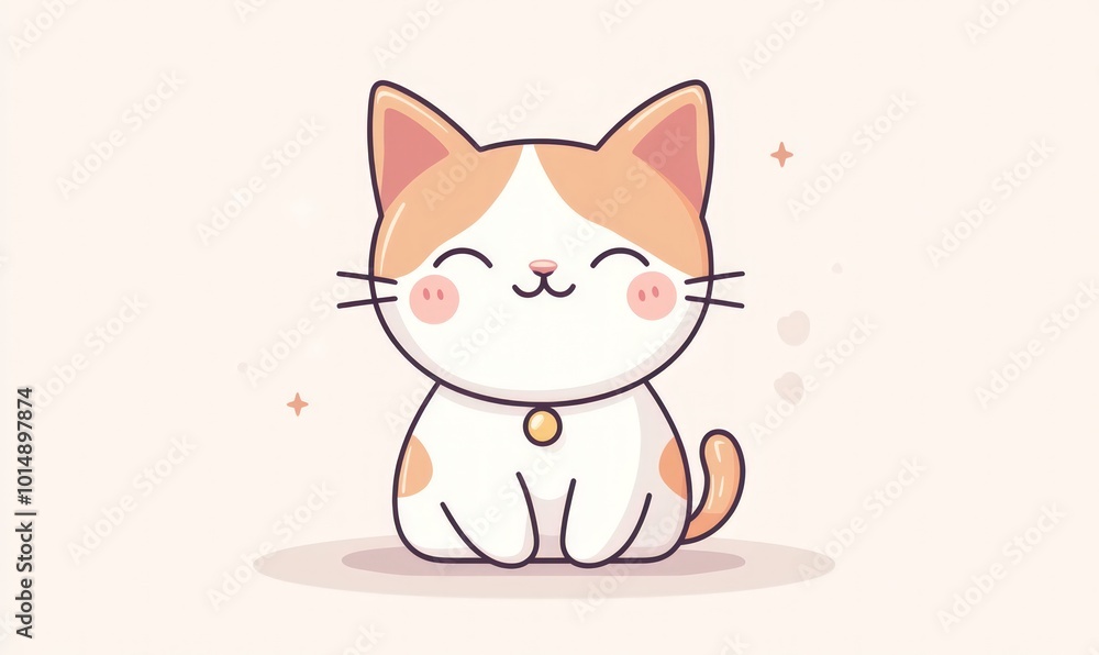 Cute cartoon cat with orange and white fur, sitting with a collar and a bell, on a light pink background. Cute cartoon cat with orange and white fur, sitting with a collar and a bell, on a light pink background.