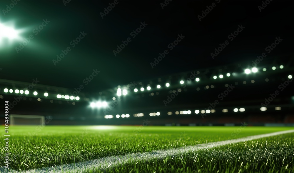 Illuminated Football Stadium at Night with Lush Green Field and Goalposts Ready for an Exciting Soccer Match Illuminated Football Stadium at Night with Lush Green Field and Goalposts Ready for an Exciting Soccer Match