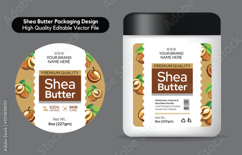 Shea butter label design, Shea butter Jar packaging design, Skin care cream cosmetic product label design, editable vector illustration template