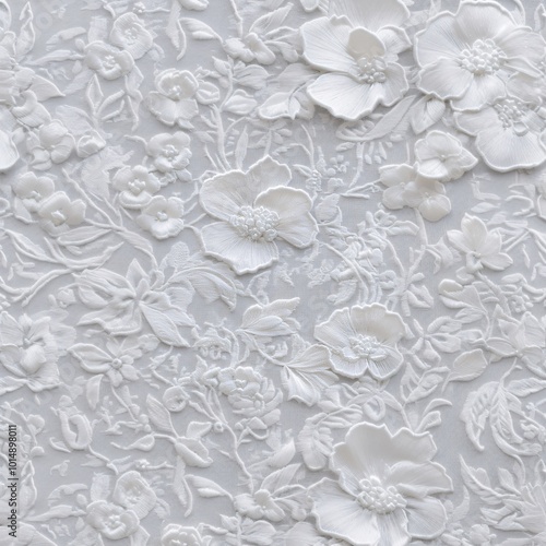 White Textured fabric pattern with elegant vintage lace and floral hand embroidery. Decorative wedding design