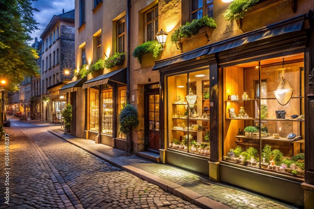 Naklejka premium A cobblestone street with a row of shops, including a jewelry store