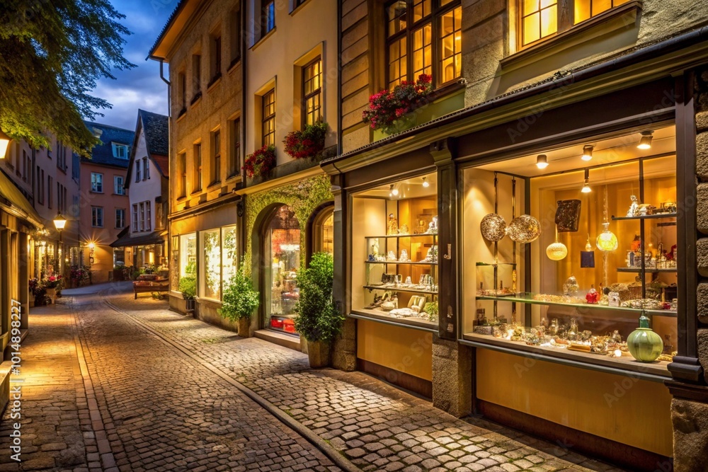 Fototapeta premium A cobblestone street with a row of shops, including a jewelry store