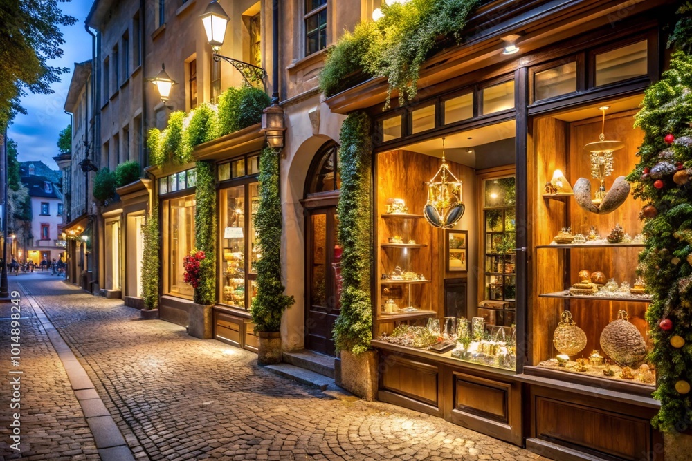 Naklejka premium A cobblestone street with a row of shops, including a jewelry store