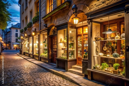 A cobblestone street with a row of shops, including a jewelry store