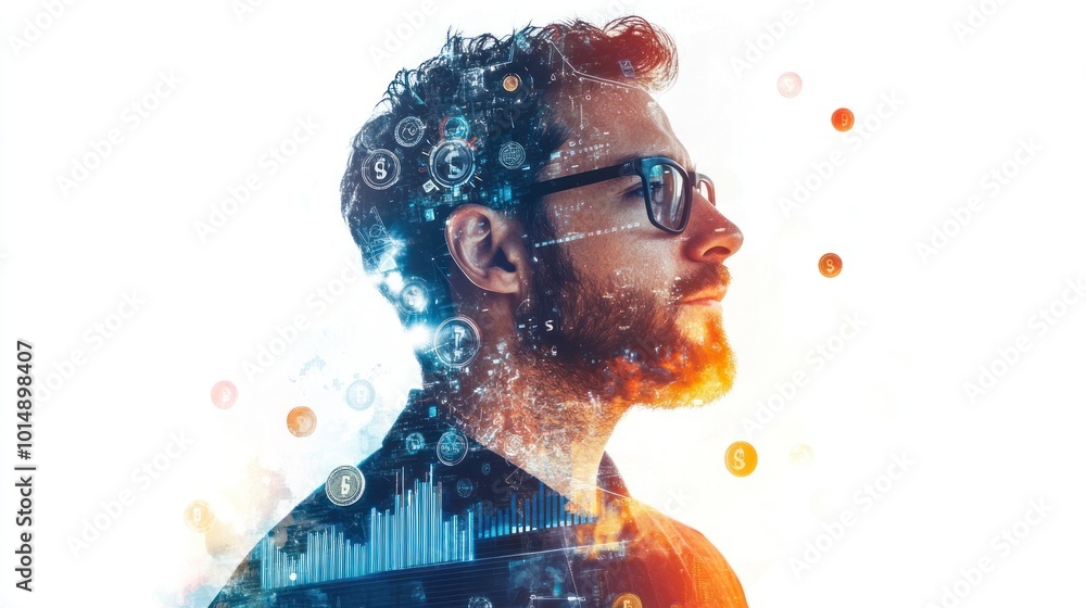 Entrepreneur surrounded by holographic AI figures and financial symbols, blending traditional finance with AI, symbolizing the new era of digital business and wealth Entrepreneur surrounded by holographic AI figures and financial symbols, blending traditional finance with AI, symbolizing the new era of digital business and wealth