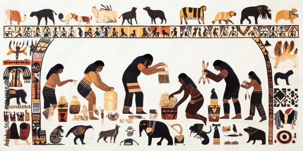 Fototapeta premium [An artistic rendering of Indigenous people working together to build community, framed by sacred patterns and animal motifs], on a white background