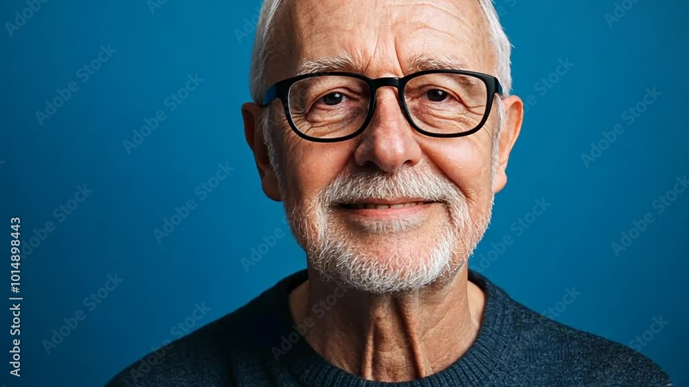 Elderly Man Smiling Warmly Against a Solid Blue Backdrop Generative AI Elderly Man Smiling Warmly Against a Solid Blue Backdrop Generative AI