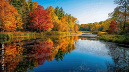 Tranquil lake surrounded by autumn foliage, the reflection of colorful trees in the water, nature's beauty
