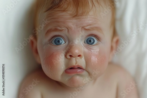 closeup portrait of a wailing infant with tearstreaked cheeks and scrunched features conveying raw emotion against a pure white background photo