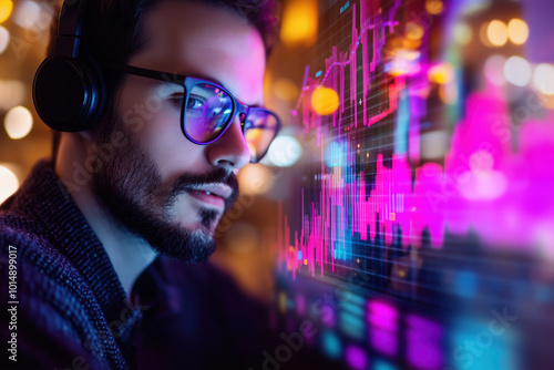 Concentrated Man Listening to Music with Laptop Displaying Holographic Productivity Tools for Enhanced Efficiency