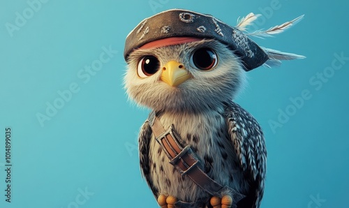 A cute cartoon owl wearing a pirate hat and a leather belt, looking at the camera. photo