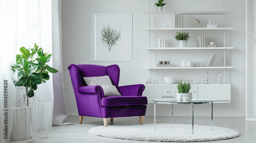Fototapeta premium A cozy living room features a vibrant purple armchair placed beside a glass coffee table