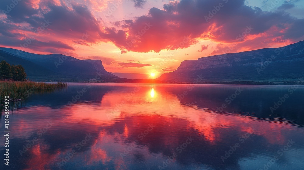 Serene mountain landscape at sunset, captured from a panoramic viewpoint, highlighting the vibrant colors of the sky reflected in a still lake below Serene mountain landscape at sunset, captured from a panoramic viewpoint, highlighting the vibrant colors of the sky reflected in a still lake below