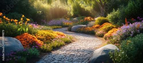 Fototapeta Naklejka Na Ścianę i Meble -  A winding stone path leads through a lush garden with vibrant flowers and sunlight streaming through the trees.