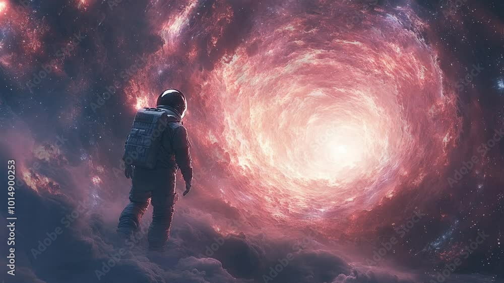 An astronaut explores a fiery cosmic landscape illuminated by distant galaxies and vivid stellar colors at the edge of the universe. seamless and looping animation An astronaut explores a fiery cosmic landscape illuminated by distant galaxies and vivid stellar colors at the edge of the universe. seamless and looping animation