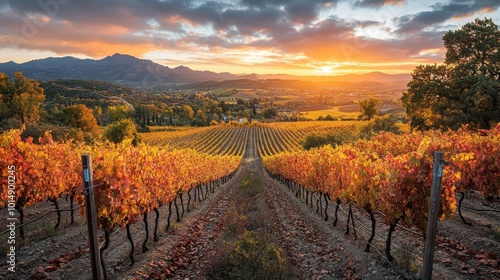 Scenic view of a vineyard during autumn, viewed from a distance, showcasing the beauty of the harvest season 