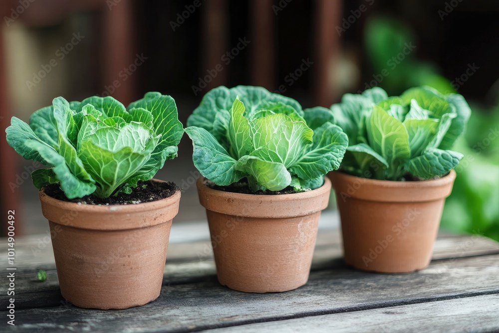 Green cabbages growing in pots - generative ai Green cabbages growing in pots - generative ai