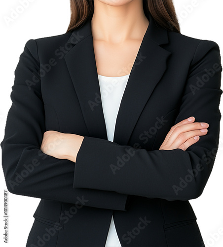 A Confident Woman with Arms Crossed, Dressed in a Tailored Interview Outfit png style