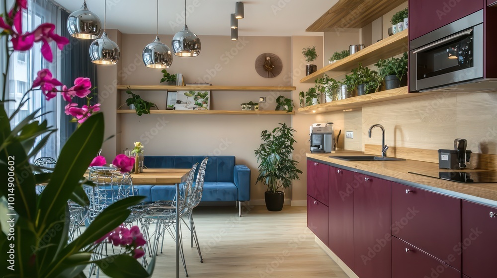 Modern apartment with burgundy kitchen cabinets, wooden shelves, flaxen walls, chrome pendant lights, cyan sofa, flowering plants, and silver dining chairs Modern apartment with burgundy kitchen cabinets, wooden shelves, flaxen walls, chrome pendant lights, cyan sofa, flowering plants, and silver dining chairs