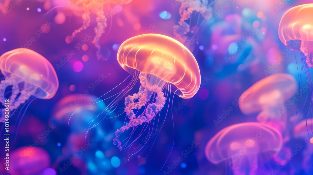 Colorful Jellyfish in a Neon Glow Colorful Jellyfish in a Neon Glow