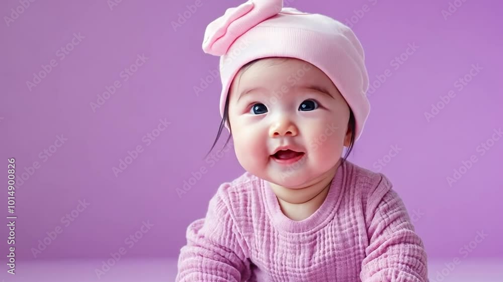 Happy Baby Girl in Pink Outfit and Matching Hat Indoors Generative AI Happy Baby Girl in Pink Outfit and Matching Hat Indoors Generative AI