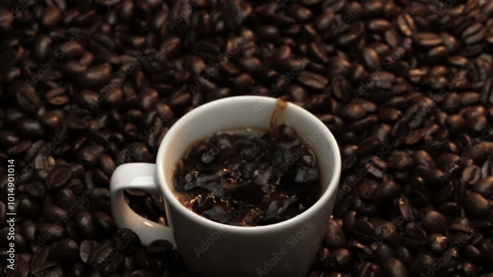 Close up of coffee bean drop in to hot espresso with pile of coffee seed. Macro of freshly roasted bean falling in to cup with aromatic smoke. Slow motion. Organic coffee seed concept. Comestible. Close up of coffee bean drop in to hot espresso with pile of coffee seed. Macro of freshly roasted bean falling in to cup with aromatic smoke. Slow motion. Organic coffee seed concept. Comestible.