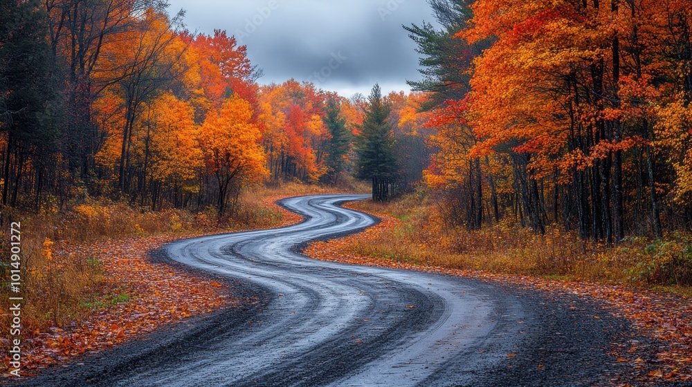 Scenic view of a winding road through autumn trees, captured from a distance, showcasing the beauty of fall foliage Scenic view of a winding road through autumn trees, captured from a distance, showcasing the beauty of fall foliage