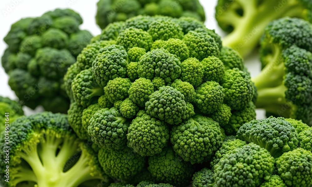 Fresh broccoli florets, vibrant green vegetable white background Fresh broccoli florets, vibrant green vegetable white background