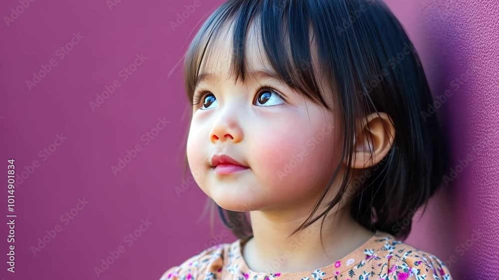 Young Child Gazing Thoughtfully Against a Pink Background Outdoors Generative AI Young Child Gazing Thoughtfully Against a Pink Background Outdoors Generative AI