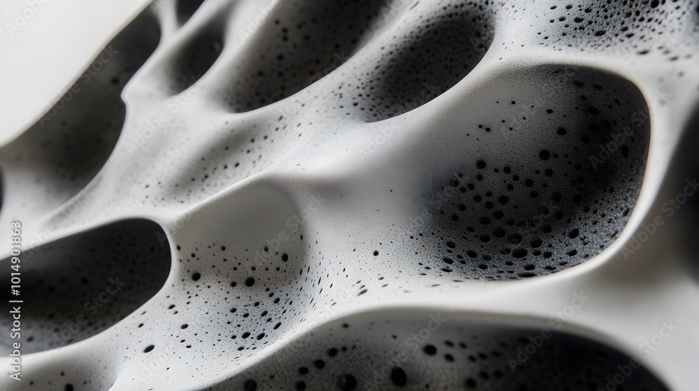Abstract texture of a porous surface featuring black and white contrasts, showcasing unique patterns and visual depth. Abstract texture of a porous surface featuring black and white contrasts, showcasing unique patterns and visual depth.