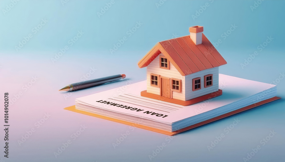Miniature house model on paperwork with a pen, soft pastel background.