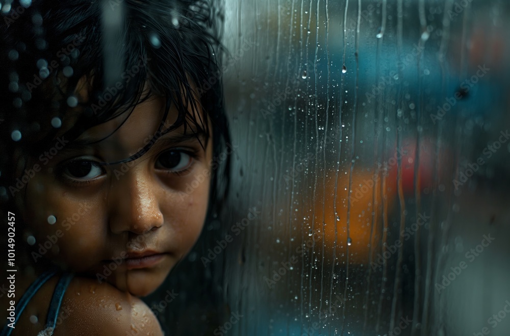 Young girl looking through rainy window feeling sad Young girl looking through rainy window feeling sad
