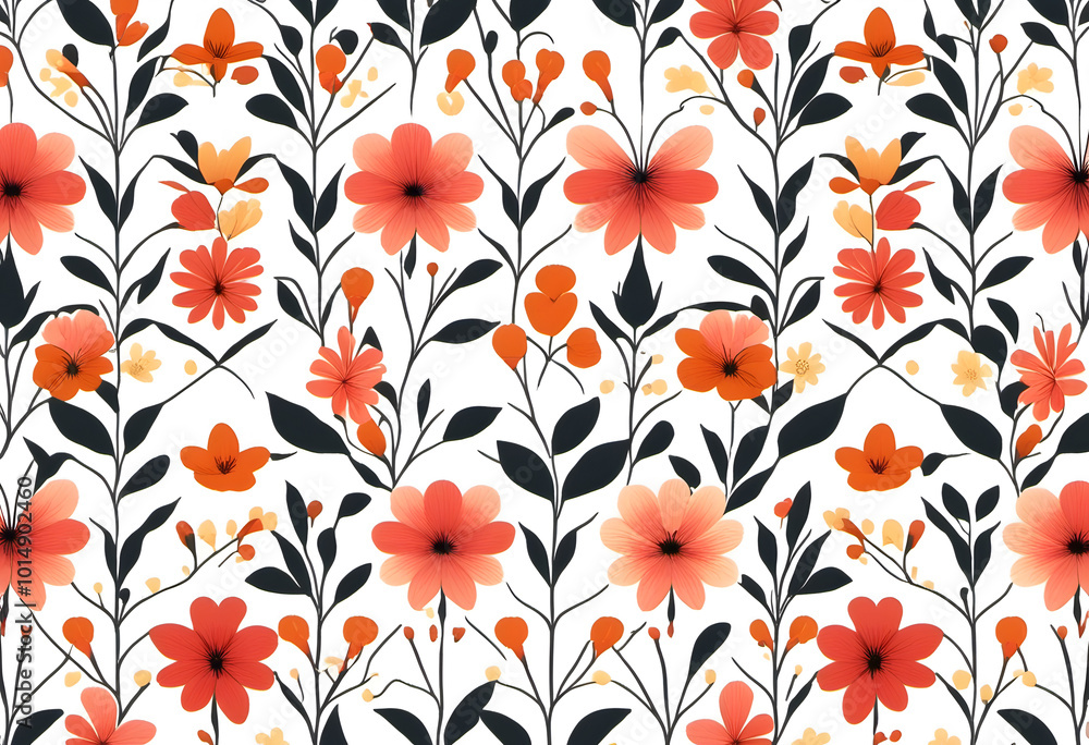 Seamless floral pattern with bright spring flowers on a white background.