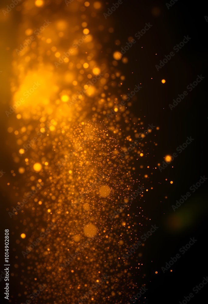 Calming Scene of Floating Golden Dust in Air, Soft Glow Against Dark Background Calming Scene of Floating Golden Dust in Air, Soft Glow Against Dark Background