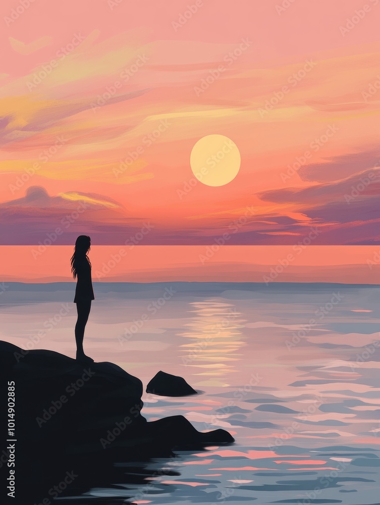 Silhouette by Ocean at Sunset with Vibrant Sky Colors Silhouette by Ocean at Sunset with Vibrant Sky Colors