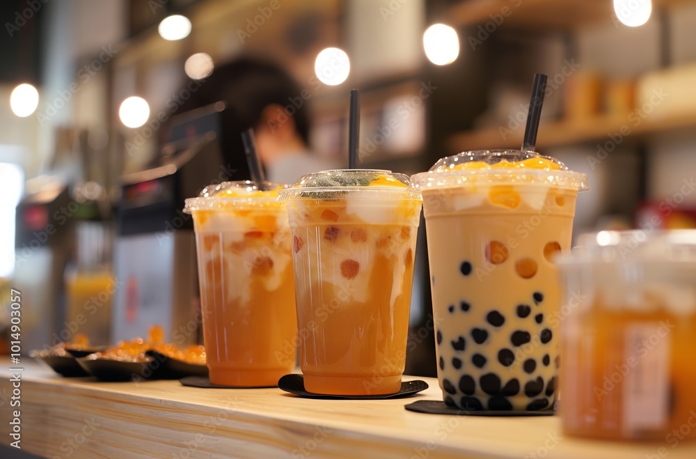 Four plastic cups of refreshing bubble tea with tapioca pearls are standing on a bar Four plastic cups of refreshing bubble tea with tapioca pearls are standing on a bar