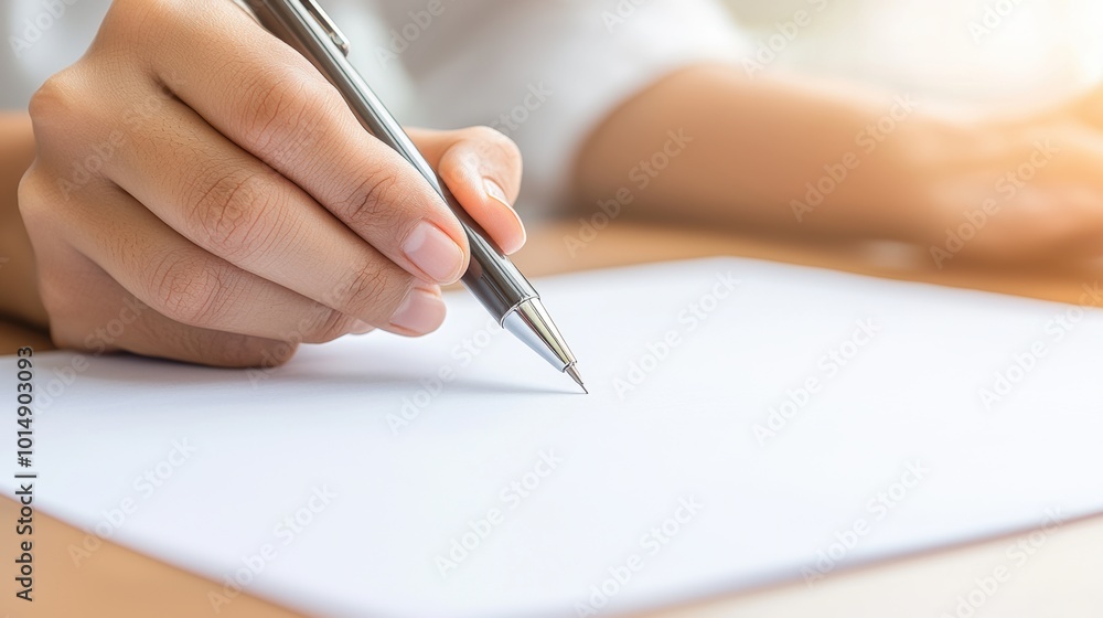 Writing Hand with Pen on Blank Paper in Soft Light Writing Hand with Pen on Blank Paper in Soft Light