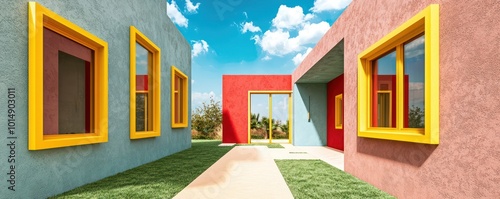 Modern domicile with lemon window frames, a taupe terrace, and coral walls The path is pistachio, leading to a vermilion door, with an ivory lawn under a sky blue sky photo