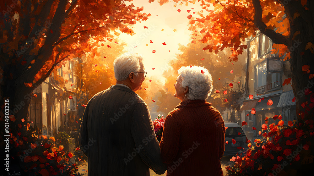 A happy elderly couple celebrating their wedding with joyful expressions. They are surrounded by beautiful floral decorations, radiating love and companionship. The couple is dressed elegantly, with t A happy elderly couple celebrating their wedding with joyful expressions. They are surrounded by beautiful floral decorations, radiating love and companionship. The couple is dressed elegantly, with t