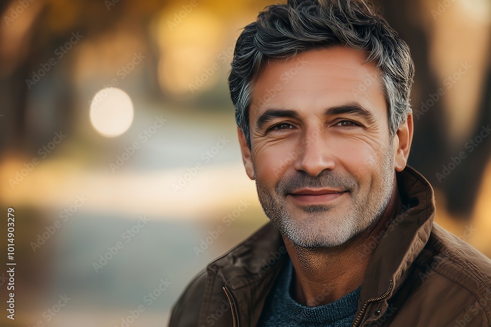 Handsome mature man smiling outdoors in autumn Handsome mature man smiling outdoors in autumn