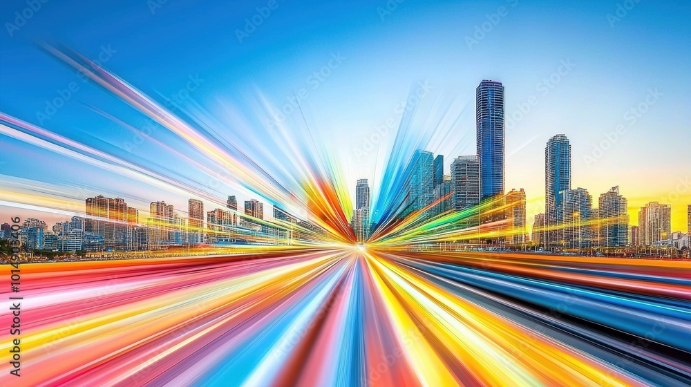 Fototapeta premium Vibrant City Skyline with Colorful Light Trails