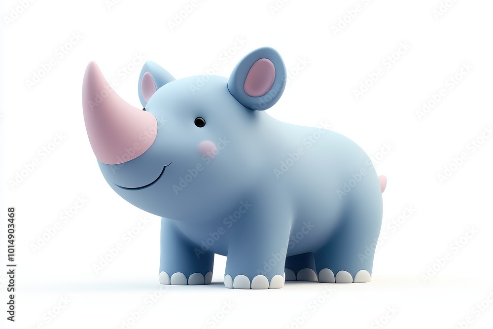 3D icon minimal on isolated white background, A cute, cartoonish blue rhinoceros with a pink horn, 3D rendering illustration 3D icon minimal on isolated white background, A cute, cartoonish blue rhinoceros with a pink horn, 3D rendering illustration