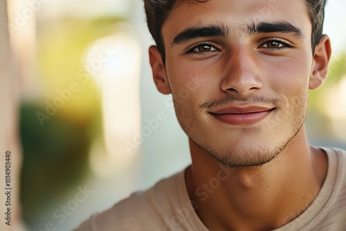 Young latin man with short beard smiling in an urban setting